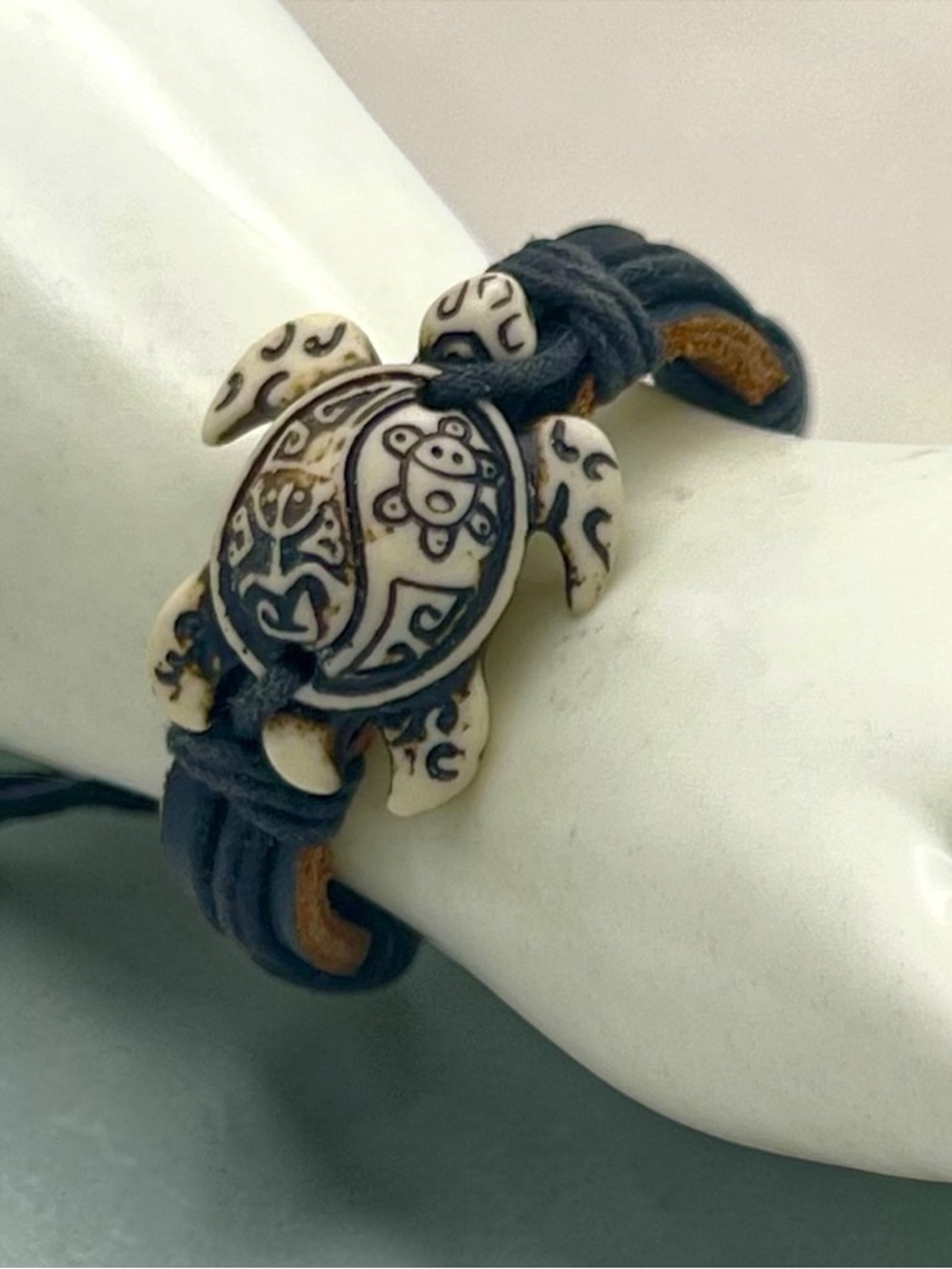 Unisex Taino Resin and Leather Sea Turtle Tribal Bracelet Boho Vibe Caribbean